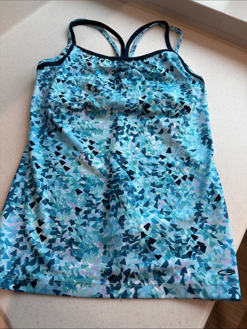 Champion White/Blue Geometric Sports Bra Tank with Light Blue Overlock Stitching